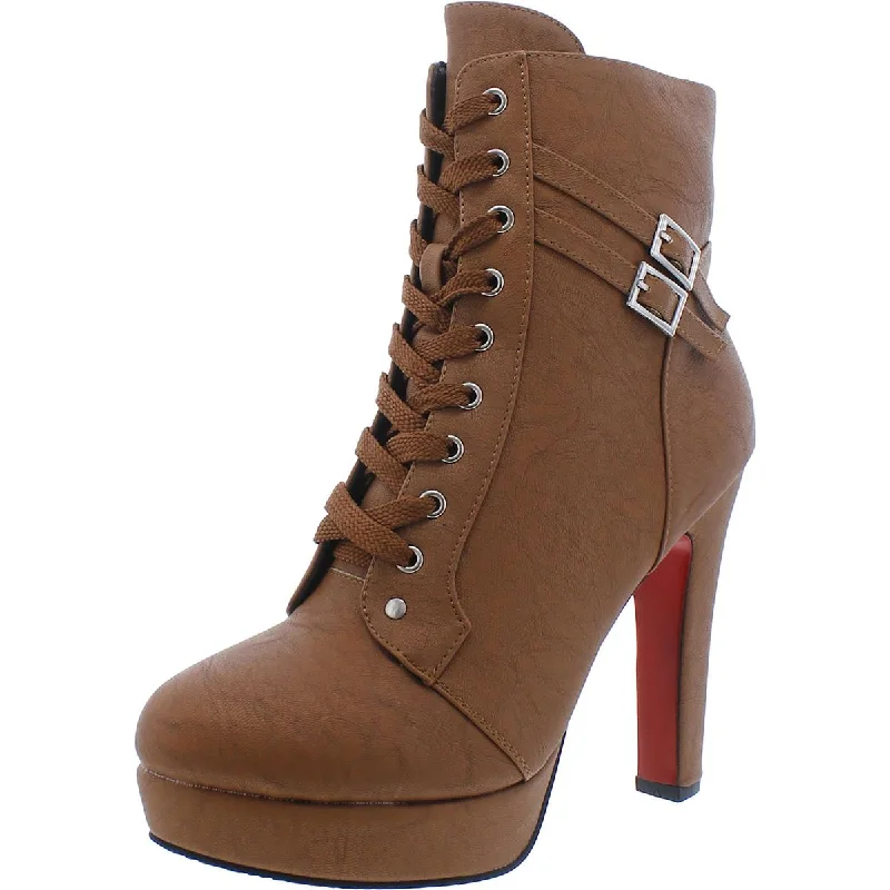 Hinyyrin Womens Faux Leather Lace-Up Mid-Calf Boots