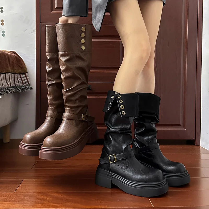 Sohiwoo Winter Modern Women's Knee High Boots New 2025 Fashion Slip on Long Bootties Designer Buckle Platform Thick Heels Botas De Mujer Sohiwoo Winter Modern Women's Knee High Boots New 2025 Fashion Slip on Long Bootties Designer Buckle Platform Thick Heels Botas De Mujer
