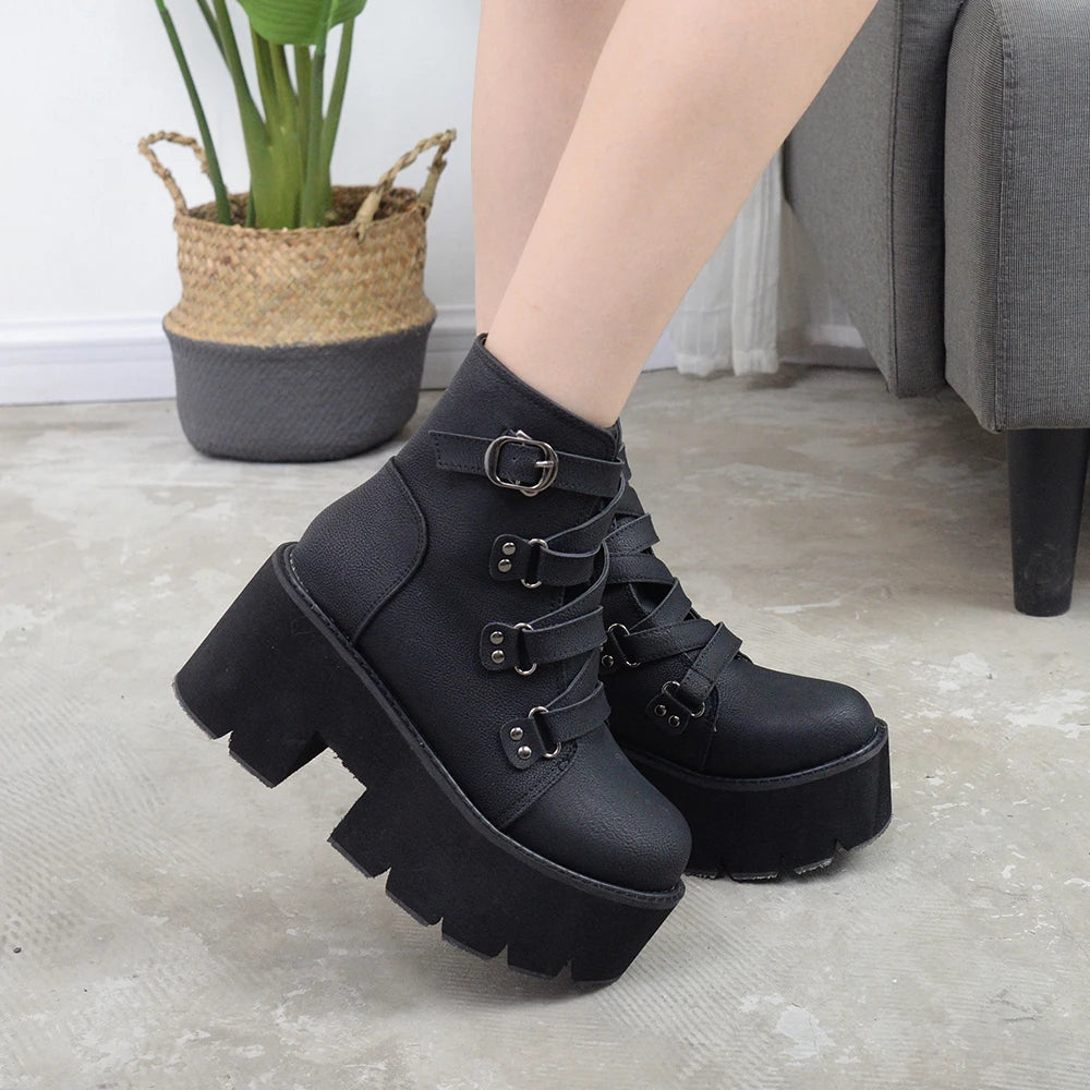 Sohiwoo Women's Black Platform Boots Comfy Round Toe Buckle Strap Solid Color Chunky Heels Mid Calf Boots Gothic Style Sohiwoo Women's Black Platform Boots Comfy Round Toe Buckle Strap Solid Color Chunky Heels Mid Calf Boots Gothic Style