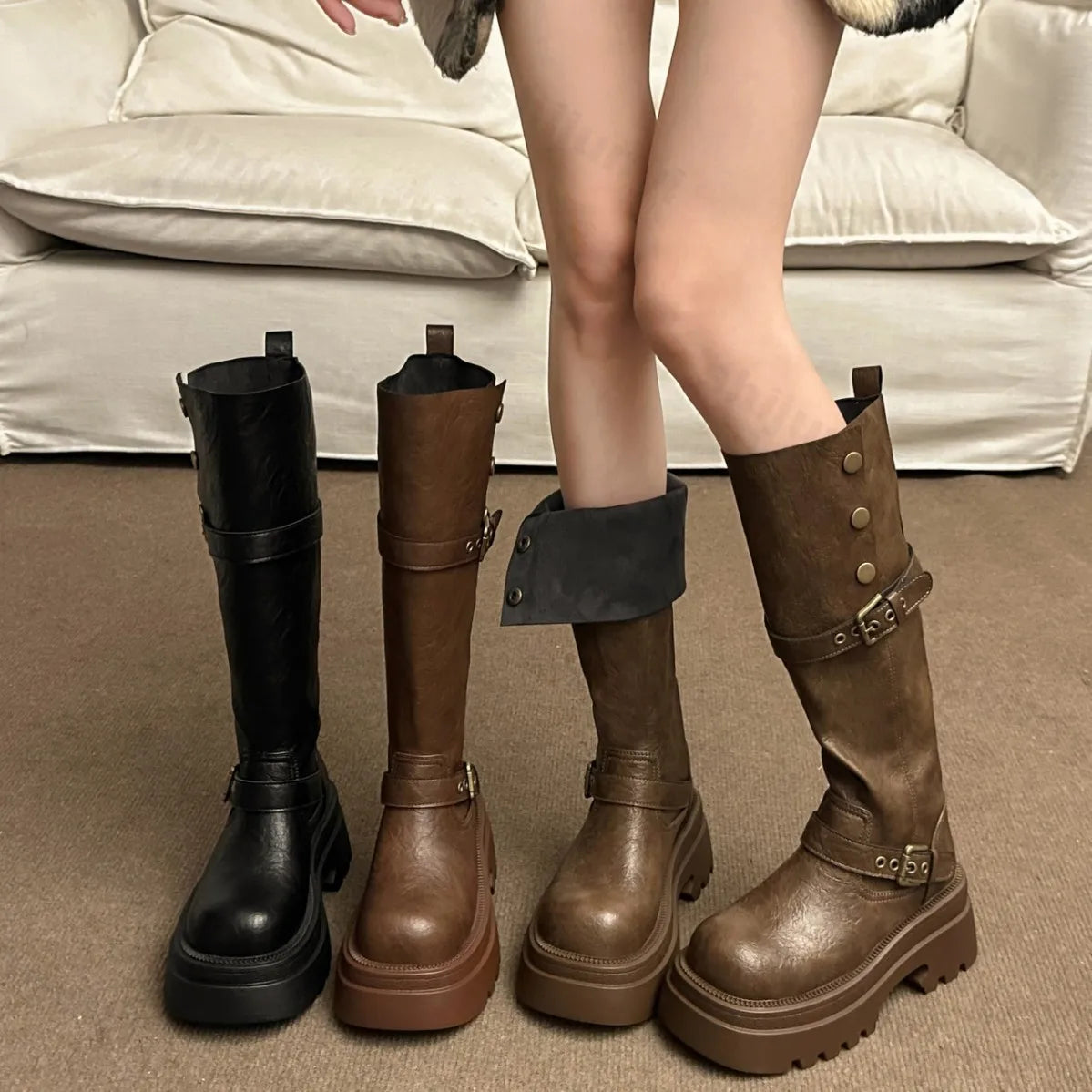 Sohiwoo Winter New Women's Boots Mid-heel High Quality Fashion Round Toe Solid Color Knight Boots Designer Buckle Women High Boots Sohiwoo Winter New Women's Boots Mid-heel High Quality Fashion Round Toe Solid Color Knight Boots Designer Buckle Women High Boots