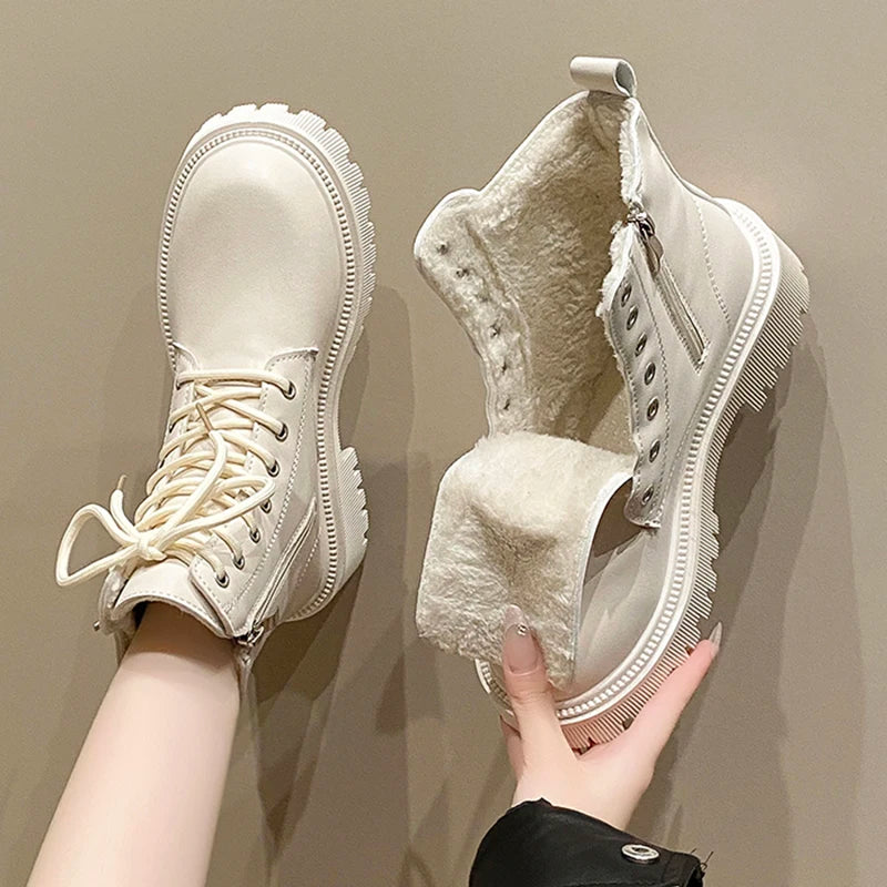 Sohiwoo Winter Warm Short Plush Ankle Boots Women Fashion Zip Lace Up Platform Combat Boots Woman Comfy Med Heels Pu Leather Botas Mujer Sohiwoo Winter Warm Short Plush Ankle Boots Women Fashion Zip Lace Up Platform Combat Boots Woman Comfy Med Heels Pu Leather Botas Mujer