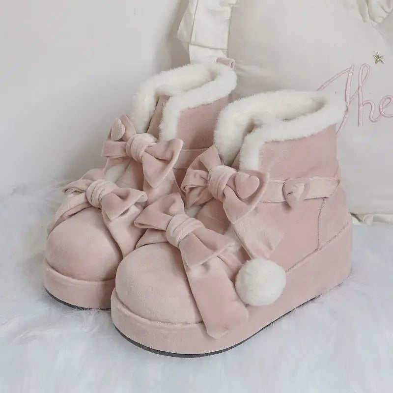Sohiwoo Lovely Girls Lolita Winter Ankle Snow Boots,Plush Warm Hairball Bowknots Wedge Heel Heightening Platform Shoes Sohiwoo Lovely Girls Lolita Winter Ankle Snow Boots,Plush Warm Hairball Bowknots Wedge Heel Heightening Platform Shoes