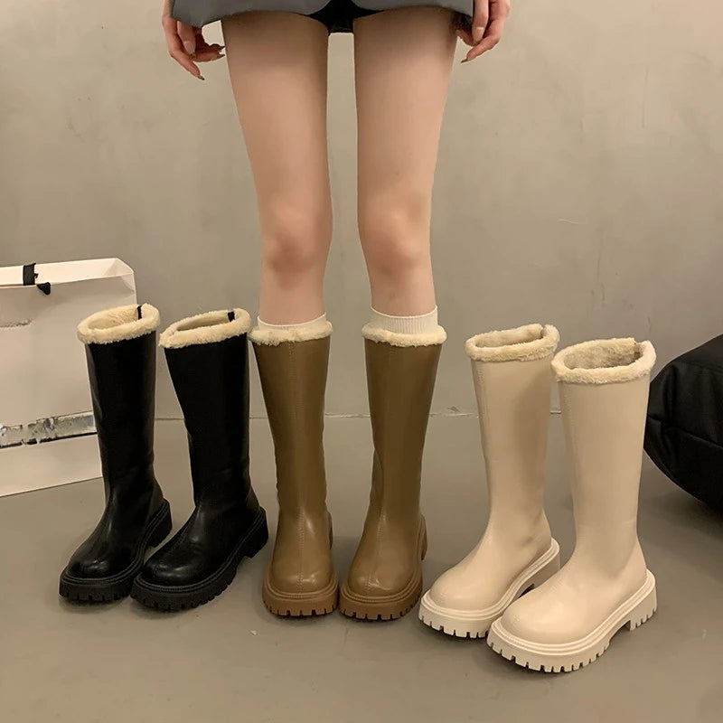 Sohiwoo Winter Knee High Brown Long Boots Comfort Square Heel Zip Platform Boots for Women Plush Edge Warm Gothic Shoes Sohiwoo Winter Knee High Brown Long Boots Comfort Square Heel Zip Platform Boots for Women Plush Edge Warm Gothic Shoes