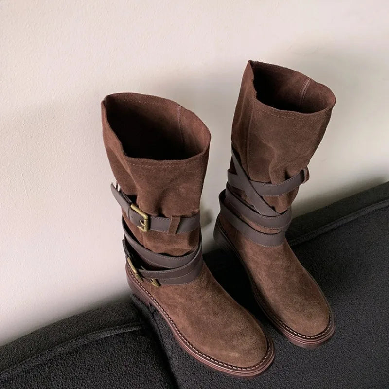Sohiwoo Metal Buckle Round Toe Knee High Boots Women Suede Leather Punk Women Boots Woman Autumn 2024 Chunky Heels Western Boots D205 Sohiwoo Metal Buckle Round Toe Knee High Boots Women Suede Leather Punk Women Boots Woman Autumn 2024 Chunky Heels Western Boots D205
