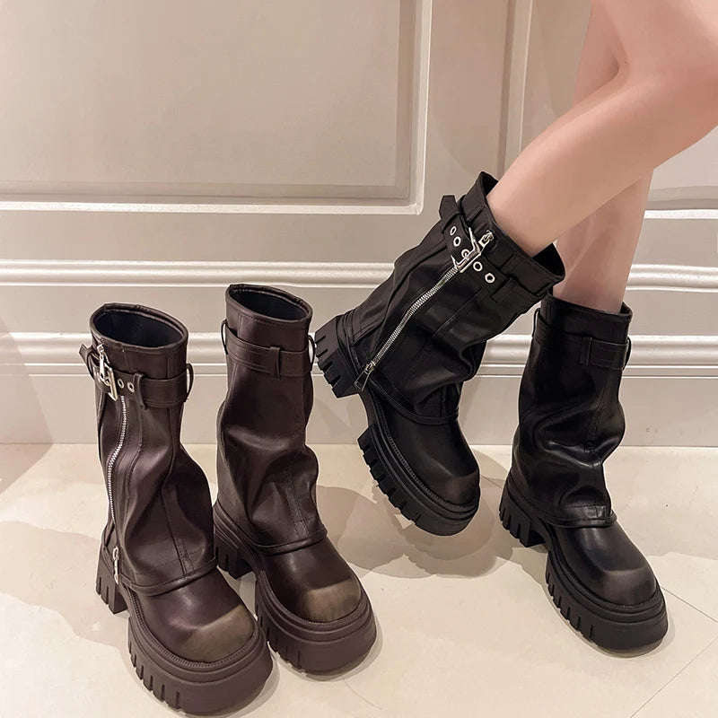 Sohiwoo Platform Heel Women Short Boots Fashion Slip On Belt Buckle Shoes Autumn Winter Women's Biker Booties Sohiwoo Platform Heel Women Short Boots Fashion Slip On Belt Buckle Shoes Autumn Winter Women's Biker Booties