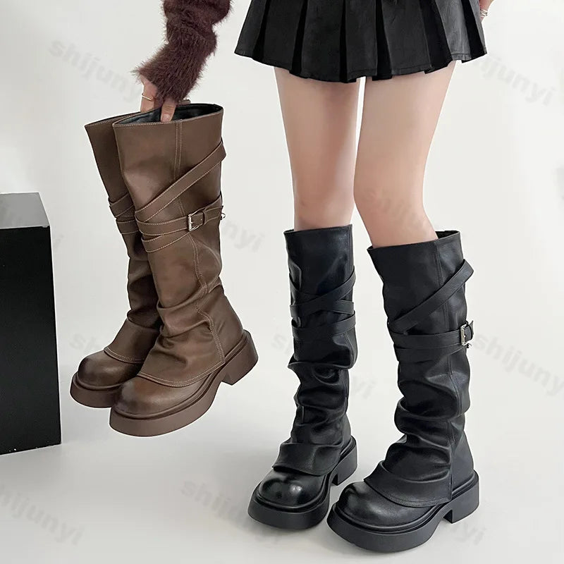 Sohiwoo Vintage Women Knight Long Boots Fashion Elegant Belt Buckle Shoes Platform Thick Heel Women's Western Knee-High Booties Sohiwoo Vintage Women Knight Long Boots Fashion Elegant Belt Buckle Shoes Platform Thick Heel Women's Western Knee-High Booties