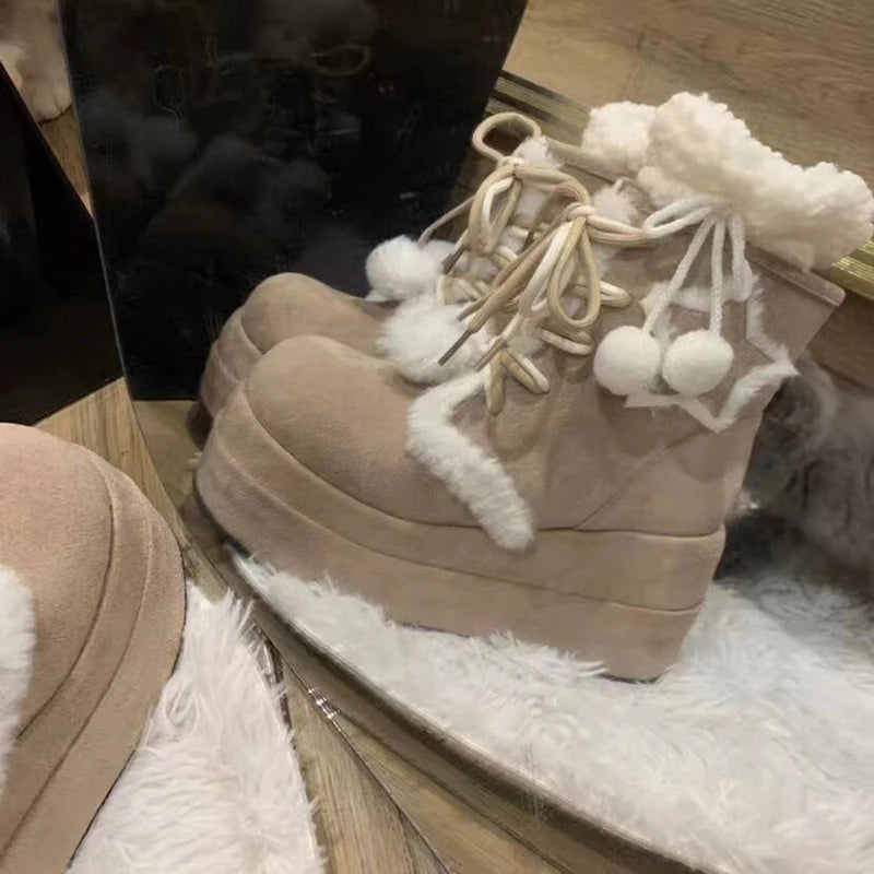 Sohiwoo Platform Heel Women Warm Plush Snow Boots Fashion Cross Tie Straps Short Booties Winter Concise Women's Cotton Shoes Sohiwoo Platform Heel Women Warm Plush Snow Boots Fashion Cross Tie Straps Short Booties Winter Concise Women's Cotton Shoes
