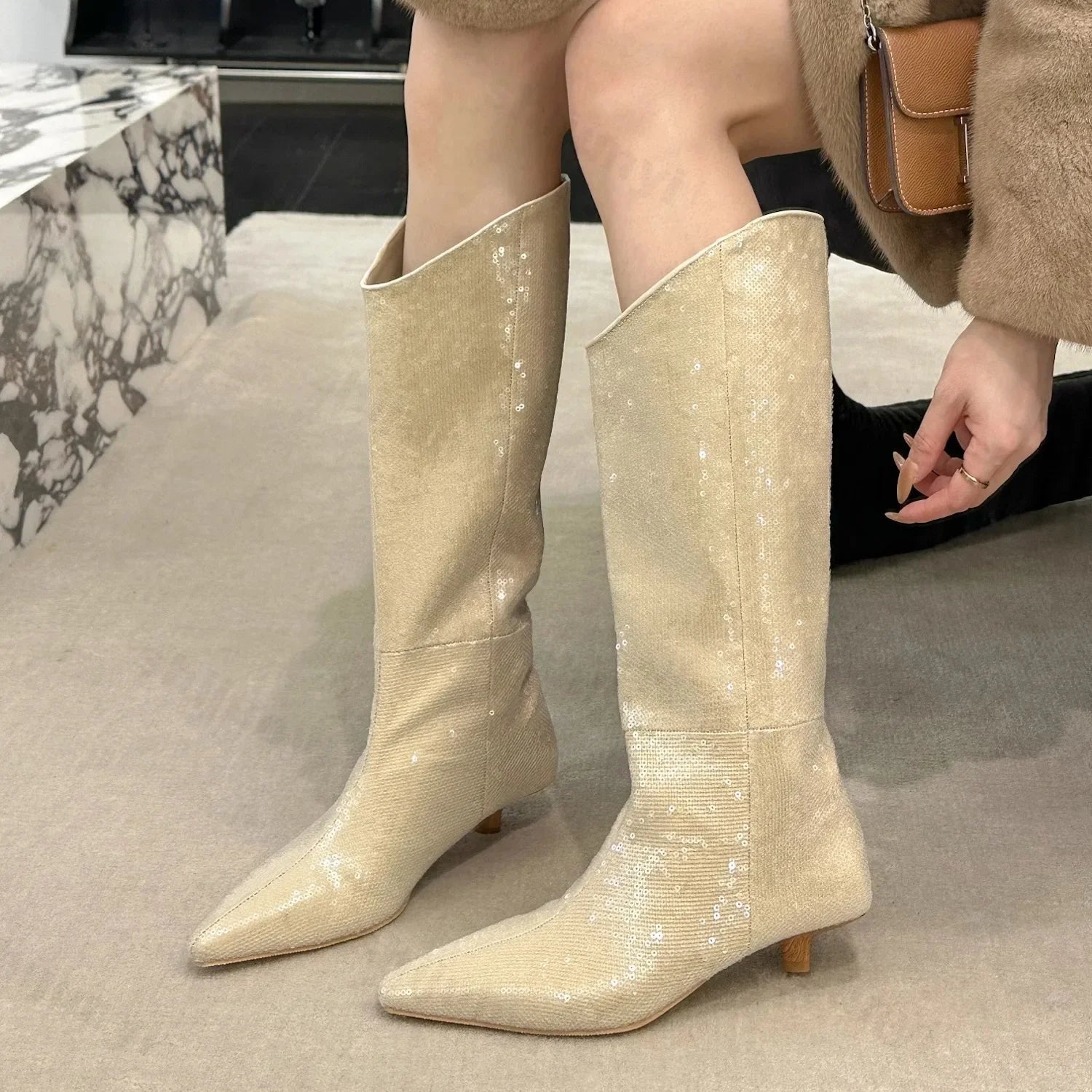Sohiwoo Designer Sequin Women Knee High Boots New 2025 Fashion Elegant Slip on Long Booties Sexy High Heels Stripper Shoe Botas De Mujer Sohiwoo Designer Sequin Women Knee High Boots New 2025 Fashion Elegant Slip on Long Booties Sexy High Heels Stripper Shoe Botas De Mujer