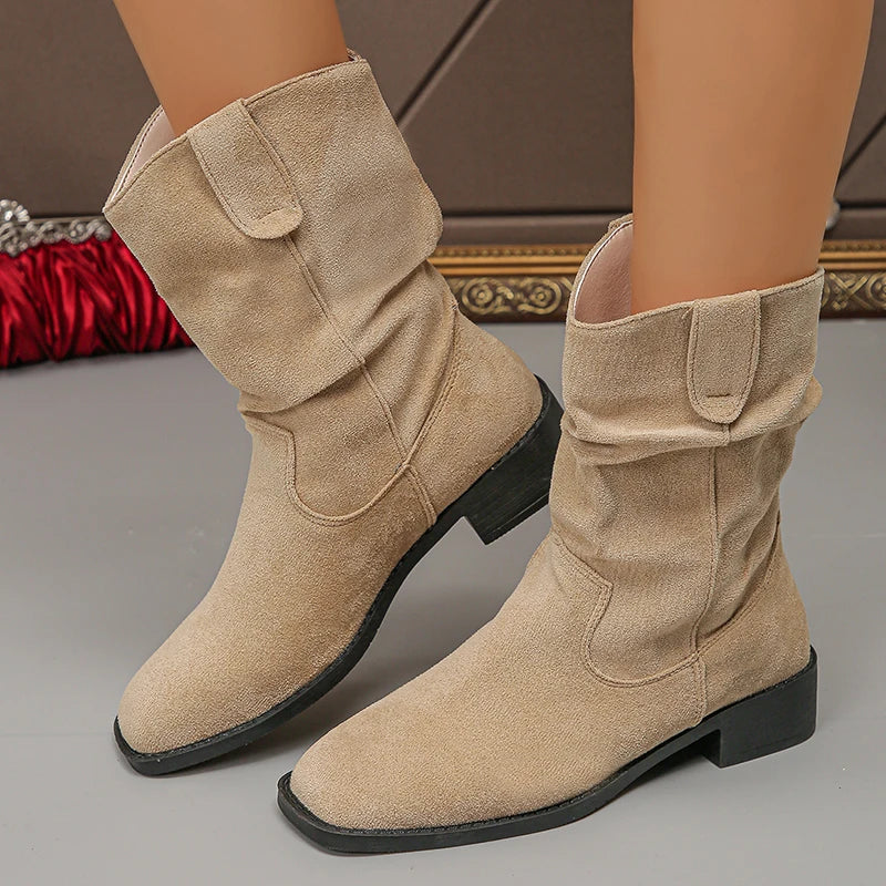 Sohiwoo Solid Color Thick Heels Western Boots Women Retro Slip On Stacked Mid Calf Boots Woman Plus Size Faux Suede Riding Botas Mujer Sohiwoo Solid Color Thick Heels Western Boots Women Retro Slip On Stacked Mid Calf Boots Woman Plus Size Faux Suede Riding Botas Mujer