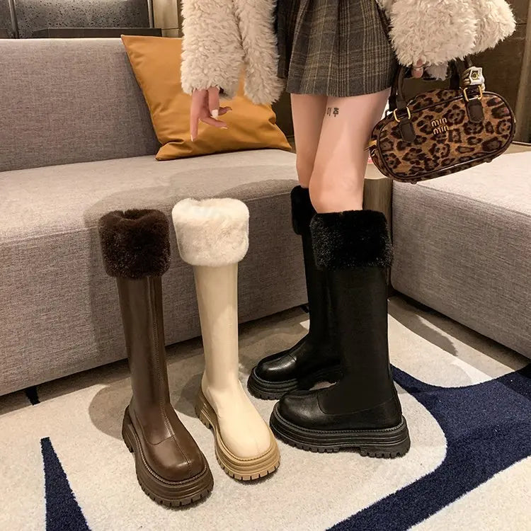 Sohiwoo 2025 Winter Knee High Brown Long Boots Comfort Square Heel Slip on Platform Boots for Women Plush Thick Heel Warm Gothic Shoes Sohiwoo 2025 Winter Knee High Brown Long Boots Comfort Square Heel Slip on Platform Boots for Women Plush Thick Heel Warm Gothic Shoes
