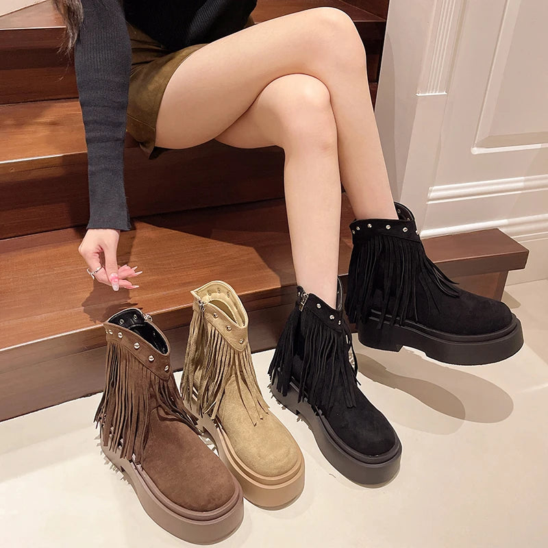 Sohiwoo Platform Tassel Boots For Women 2024 Winter Single Women Boots Cow Suede Round Toe Chunky High Heels Retro Women's Short Boots Sohiwoo Platform Tassel Boots For Women 2024 Winter Single Women Boots Cow Suede Round Toe Chunky High Heels Retro Women's Short Boots