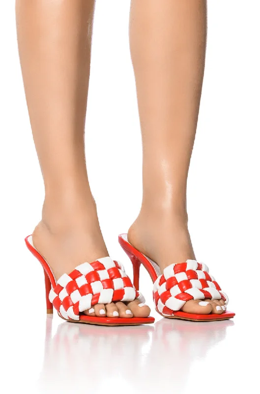 AZALEA WANG SIGRID RED AND WHITE CHECKER BOARD STILETTO SANDAL