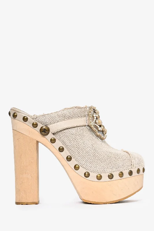 Pre-Loved Chanel™ Beige Raffia Canvas Embellished Buckle Platform Clogs Size 38.5 (As Is)