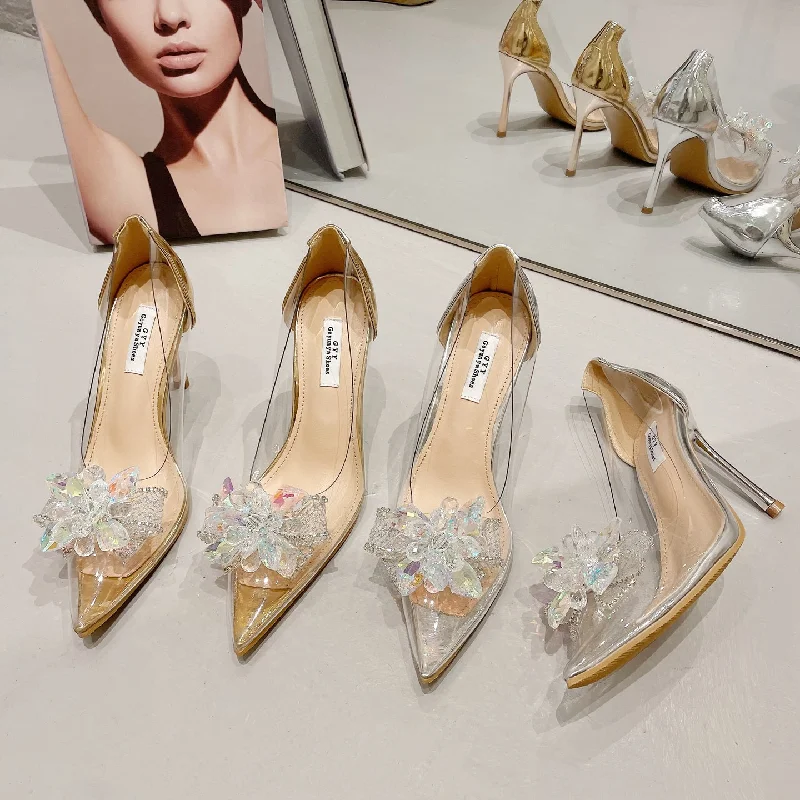 Fashion Crystal Sequined Bowknot Women Pumps Sexy Pointed Toe High Heels Wedding Prom Shoes Ladies PVC Transparent Sandals