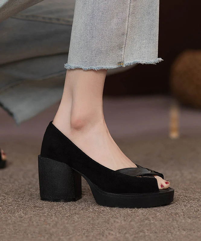 French Black Peep Toe Genuine Leather Platform Heels