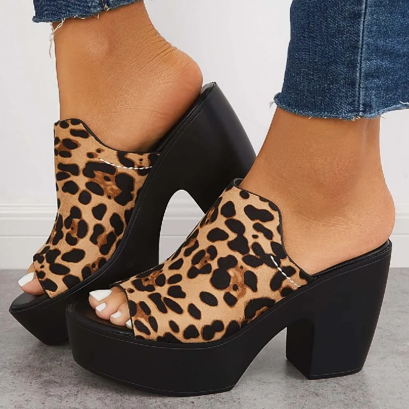 Sohiwoo  Women Summer Platform Sandals Peep Toe Chunky Heeled Mules Slip on Sandals
