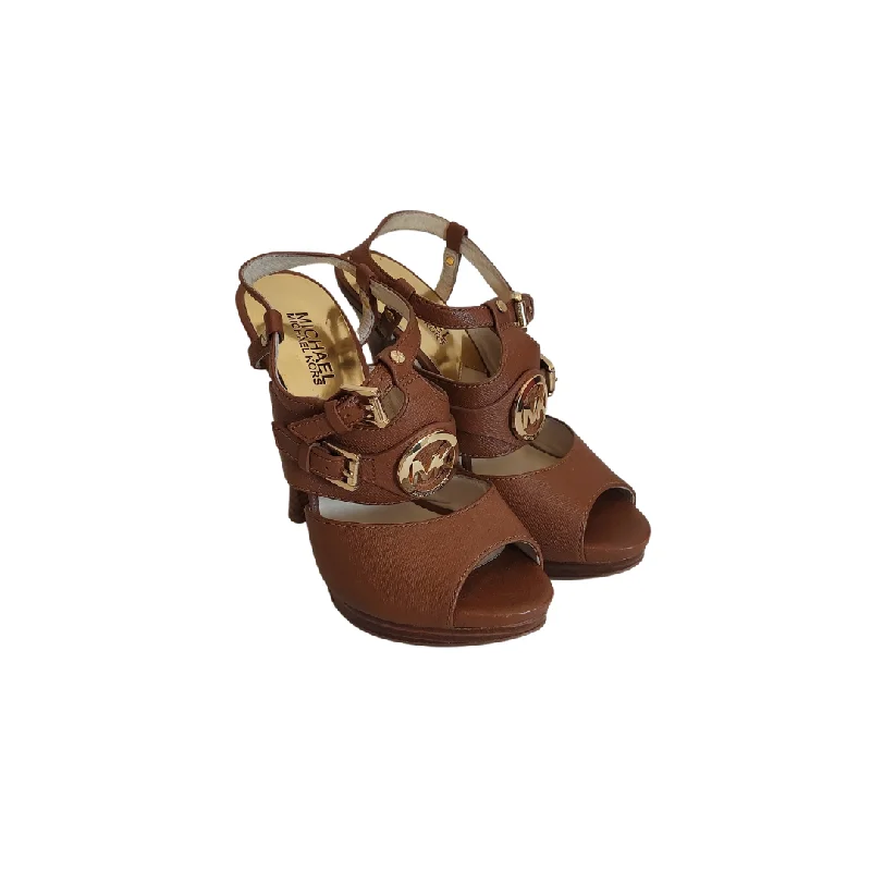 Michael Kors Mackenzie Tan Leather Logo Platform Sandals | Brand New |