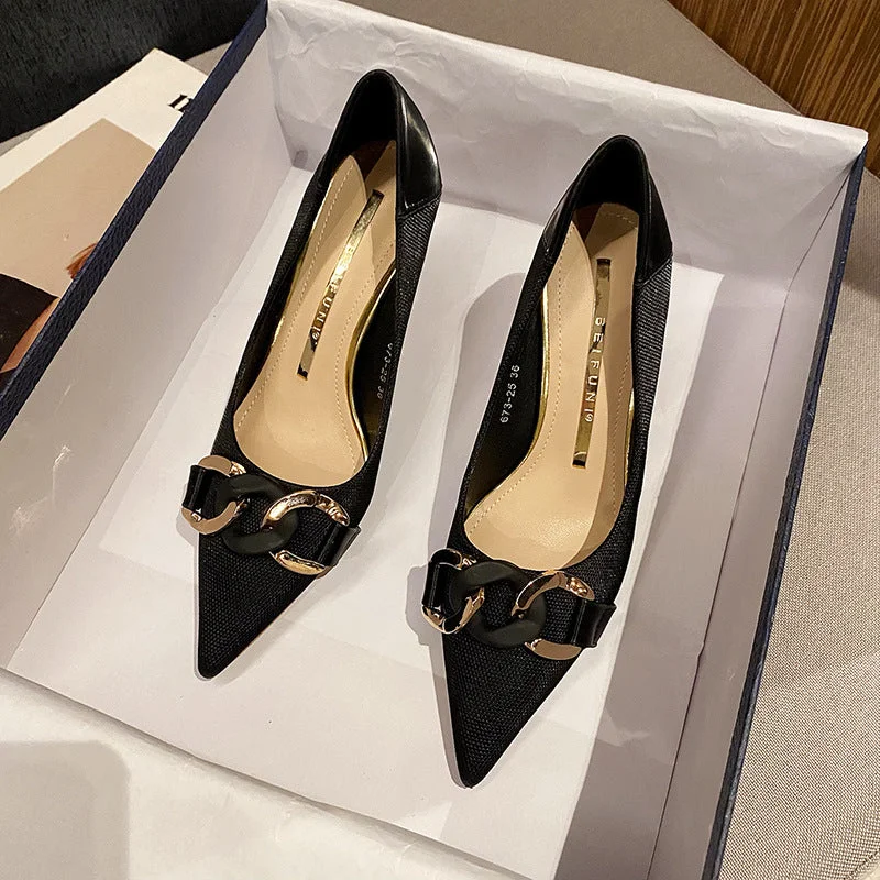 New Shallow Metal Chain Buckle Heeled Sandals for Women and Ladies Fashion Outdoor Work High Heel Pumps New Shallow Metal Chain Buckle Heeled Sandals for Women and Ladies Fashion Outdoor Work High Heel Pumps