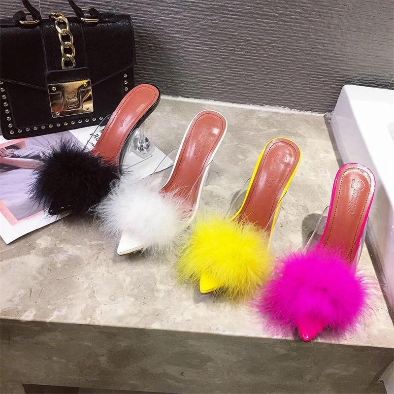 Plus Size Fur Slide Slippers Feather Transparent Pumps High Heels Shoes for Ladies Heeled Sandals