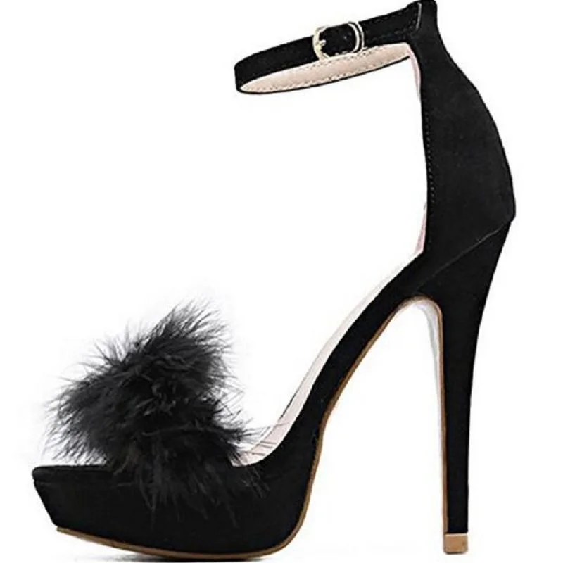 Tucomosi Women Party Shoe Pumps Round Toe Stiletto Platform with Feather