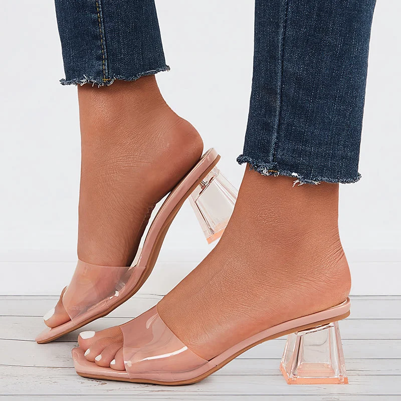 Sohiwoo Women Clear Square Toe Block Heel Mules Backless Slide Sandals