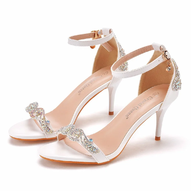 Women Elegant T-strap Thin Heels Pumps Crystal Rhinestone Peep Toe Summer Luxury Sandals Ankle Wrapped Sandals For Wedding