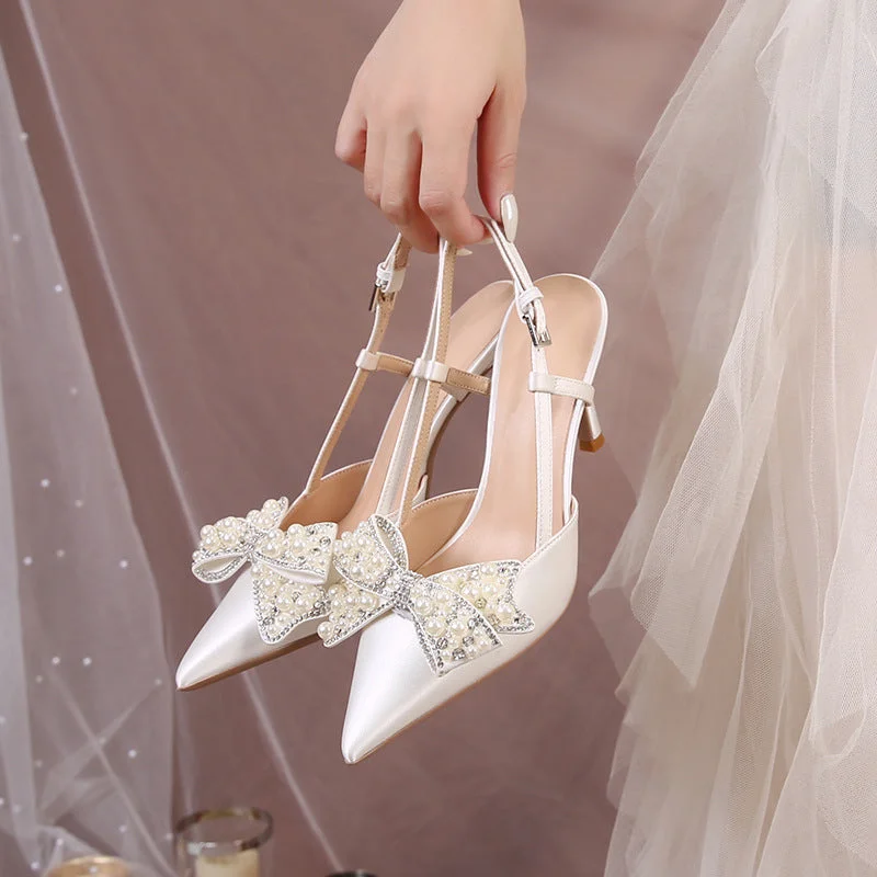 Women New Summer Casual Bowknot Sandals Ladies Pointed Toe Slingback High Heels Wedding Shoes For Bridals
