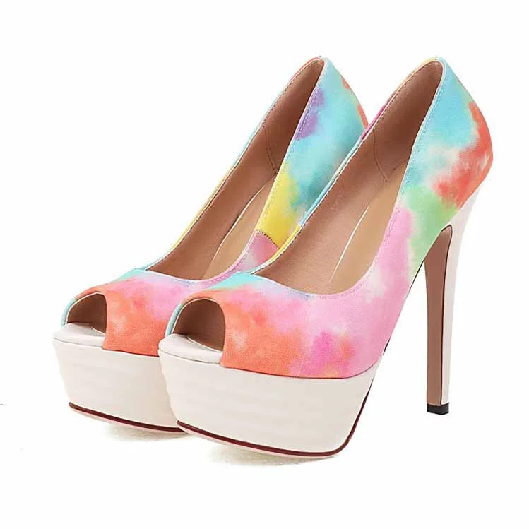 Women Peep-Toe High Heel Pump Sexy Stiletto Colorful Platform Party Dress Shoes
