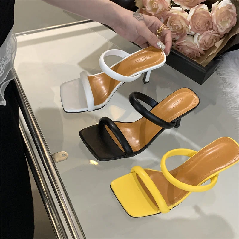 Women Summer Slippers Square Toe Stiletto Luxury Brand Shoe Fashion 2023 New Heels