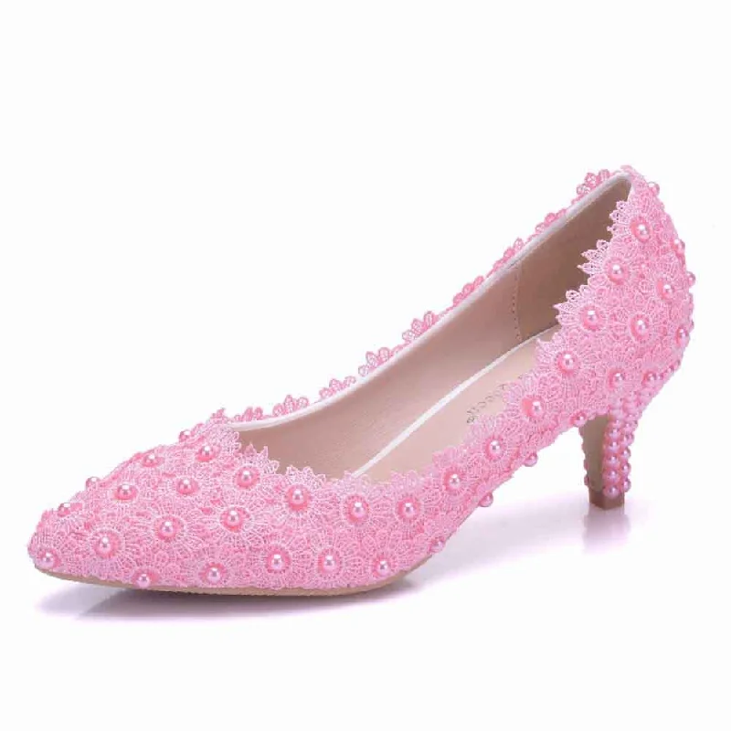 Women's Bridal Stiletto Low Heel Closed Toe Pumps with Imitation Pearl Applique