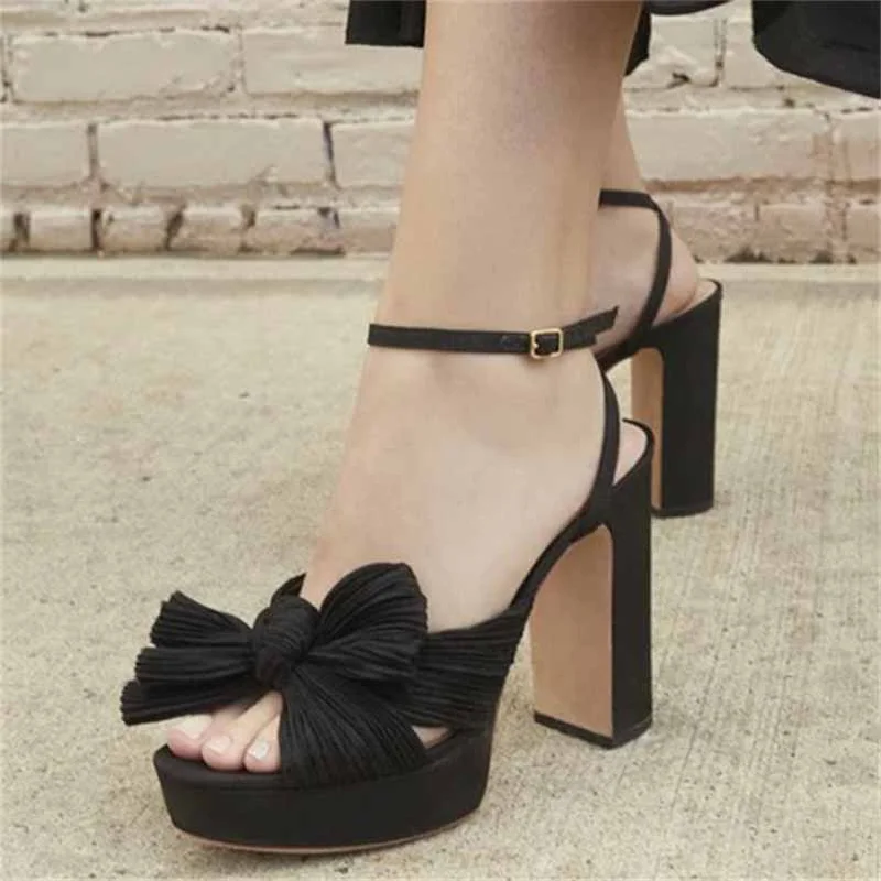 Women's Pleated Bow Knot Platform Heeled Sandals Open Toe Chunky Block Heel Ankle Buckle Strap Bridal Wedding Shoes Women's Pleated Bow Knot Platform Heeled Sandals Open Toe Chunky Block Heel Ankle Buckle Strap Bridal Wedding Shoes