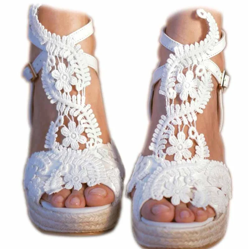 Women's Platform Sandals Wedge Open Toe Ankle Strap lace Wedding Bridesmaid Shoes