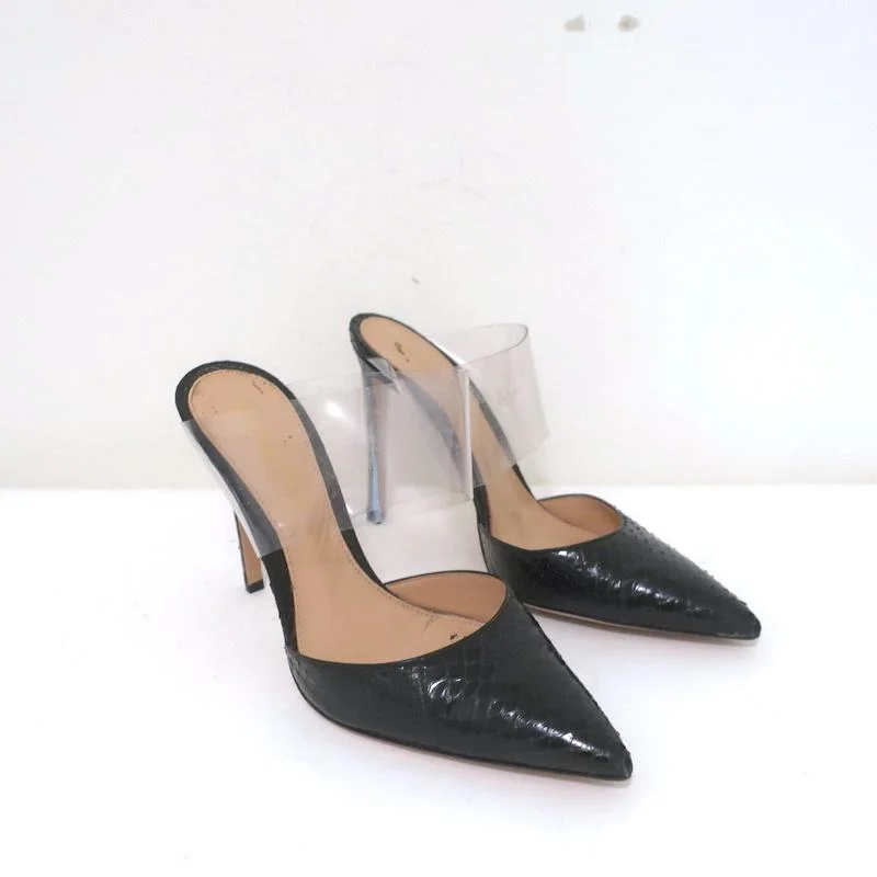 Gianvito Rossi Mules Virtua Black Python & Clear PVC Size 36.5 Pointed Toe Heels