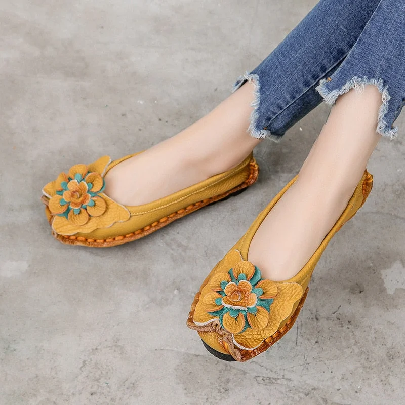 Soft Genuine Leather Flat Shoes Women Flats with Flowers Ladies Shoes