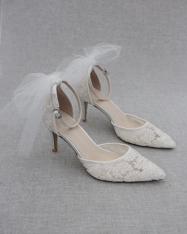 Lace Wedding Heels with Tulle Bow