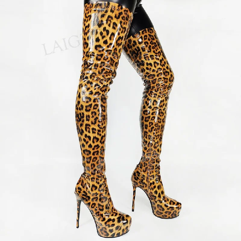 Women Crotch High Platform Boots Shiny Patent Side Zip Stiletto Heels