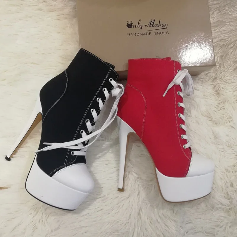 Women Canvas Platform Lace Up Ankle Boots 16cm High Heel