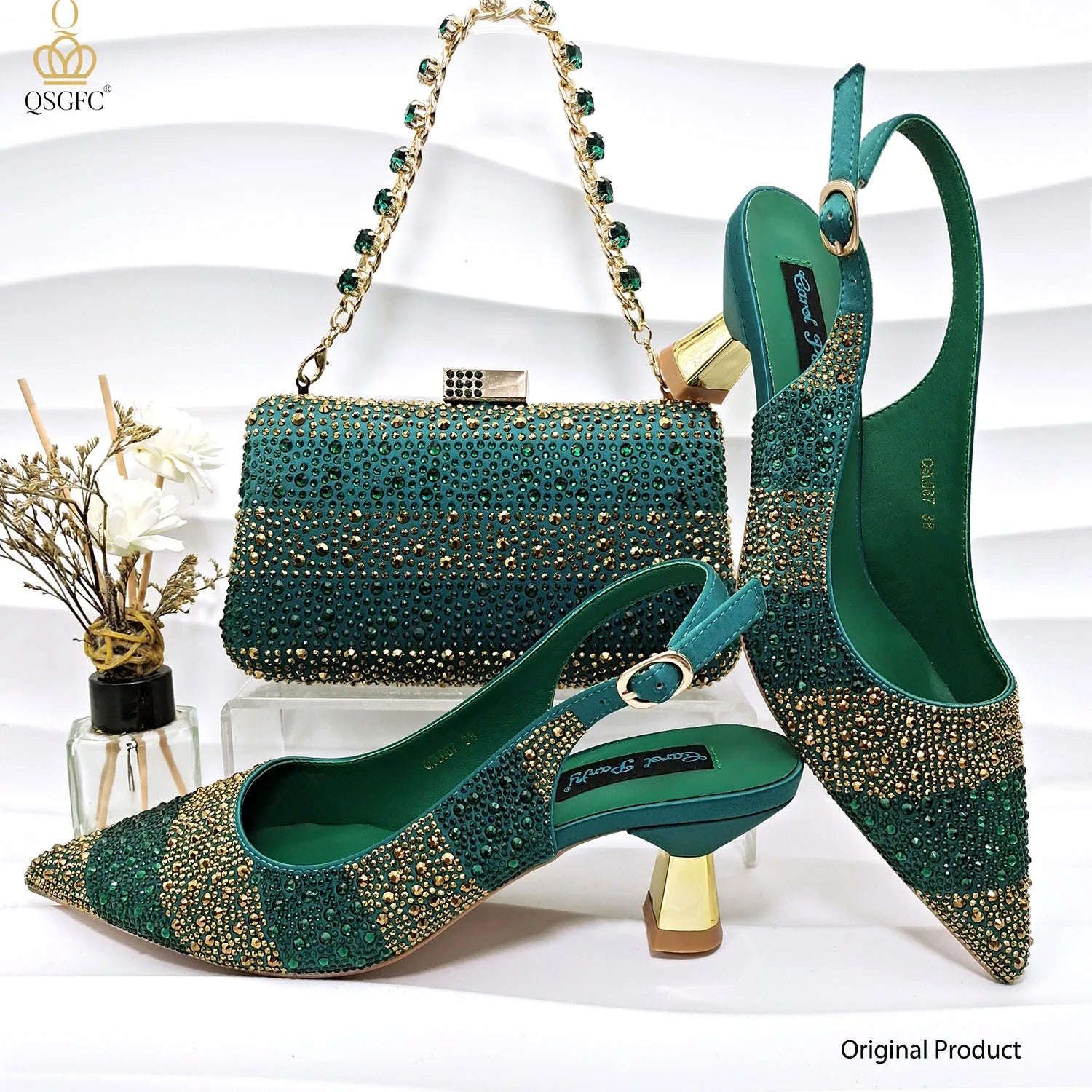 Women Heel Party Ladies Italian Design Green Shoes And Bag Set