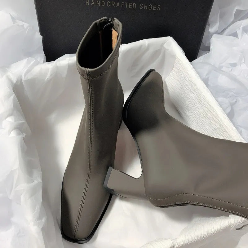 Sohiwoo Ankle Boots for Women's Thick High Heel Spring Boots New Square Toe Short Boots Fashion Ladies Stretch Boots Sohiwoo Ankle Boots for Women's Thick High Heel Spring Boots New Square Toe Short Boots Fashion Ladies Stretch Boots