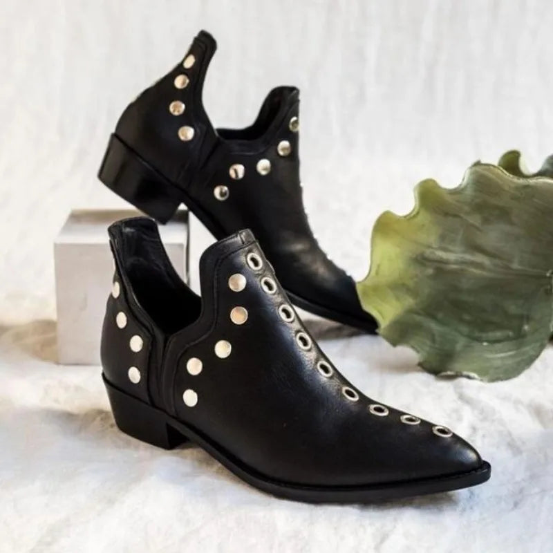 Sohiwoo Ankle Boots Women's Shoes Vintage Rivet Casual Pointed Fashion Thick Heel Mid Heel Short Boots Boots Women Cowboy Boots