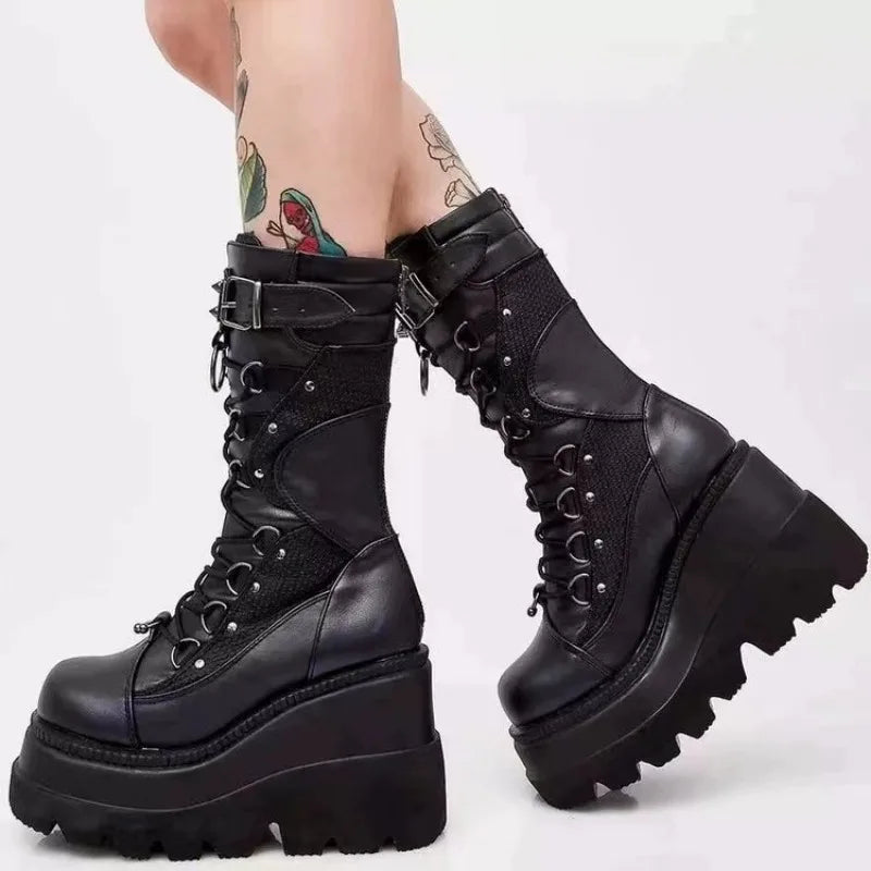 Sohiwoo Autumn Winter Sale Punk Halloween Witch Cosplay Platform High Wedges Heels Black Gothic Calf Boots Women Shoes Big Size Sohiwoo Autumn Winter Sale Punk Halloween Witch Cosplay Platform High Wedges Heels Black Gothic Calf Boots Women Shoes Big Size
