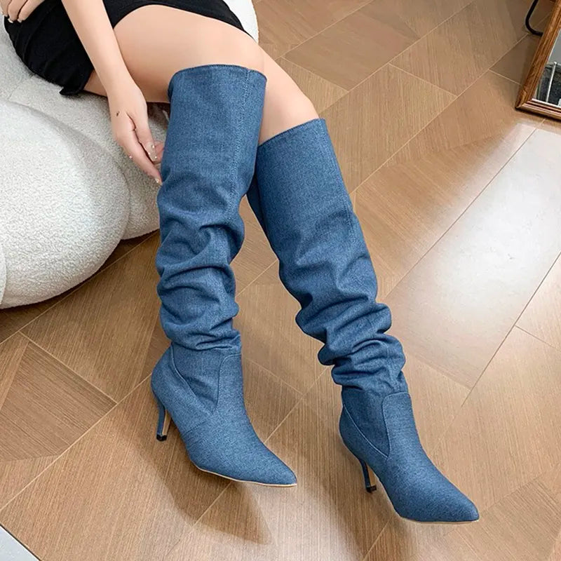 Sohiwoo Blue Denim Pleated Long Boots Women Autumn Pointed Toe High Heels Knee High Boots Woman Slip On Heeled Western Cowboy Boots Sohiwoo Blue Denim Pleated Long Boots Women Autumn Pointed Toe High Heels Knee High Boots Woman Slip On Heeled Western Cowboy Boots