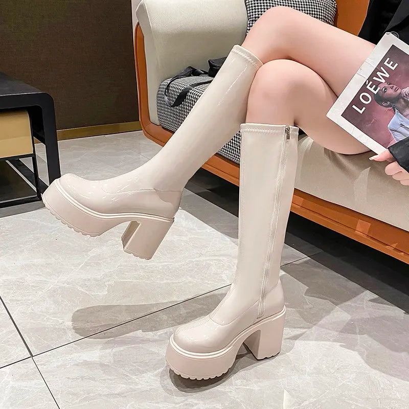 Sohiwoo Chunky Platform Heel Long Boots Woman Winter Thick Heels Knee High Boots Women Short Plush Patent Leather Thigh High Botas Sohiwoo Chunky Platform Heel Long Boots Woman Winter Thick Heels Knee High Boots Women Short Plush Patent Leather Thigh High Botas
