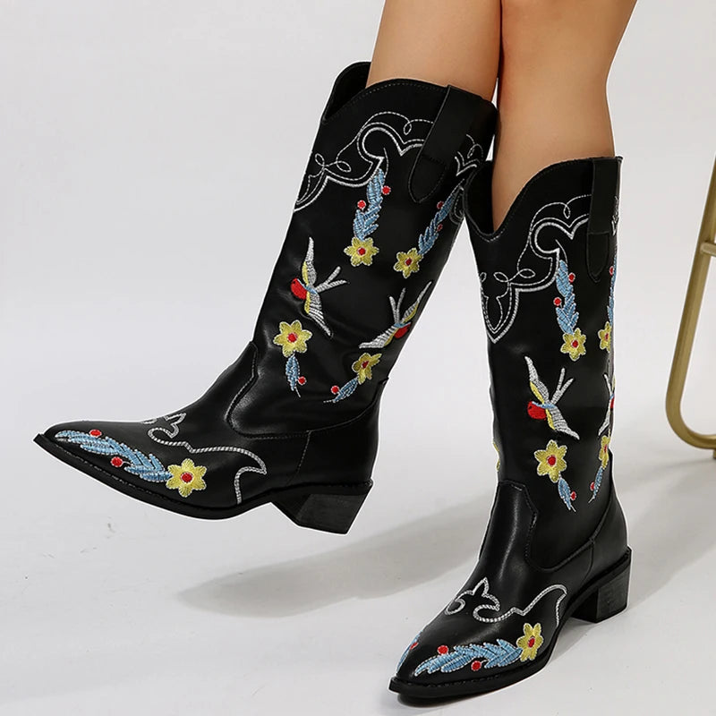Sohiwoo Embroidered Mid Calf Western Boots for Women Autumn Slip On Pointed Toe Cowgirl Boots Plus Size 43 High Heels Woman Shoes Sohiwoo Embroidered Mid Calf Western Boots for Women Autumn Slip On Pointed Toe Cowgirl Boots Plus Size 43 High Heels Woman Shoes