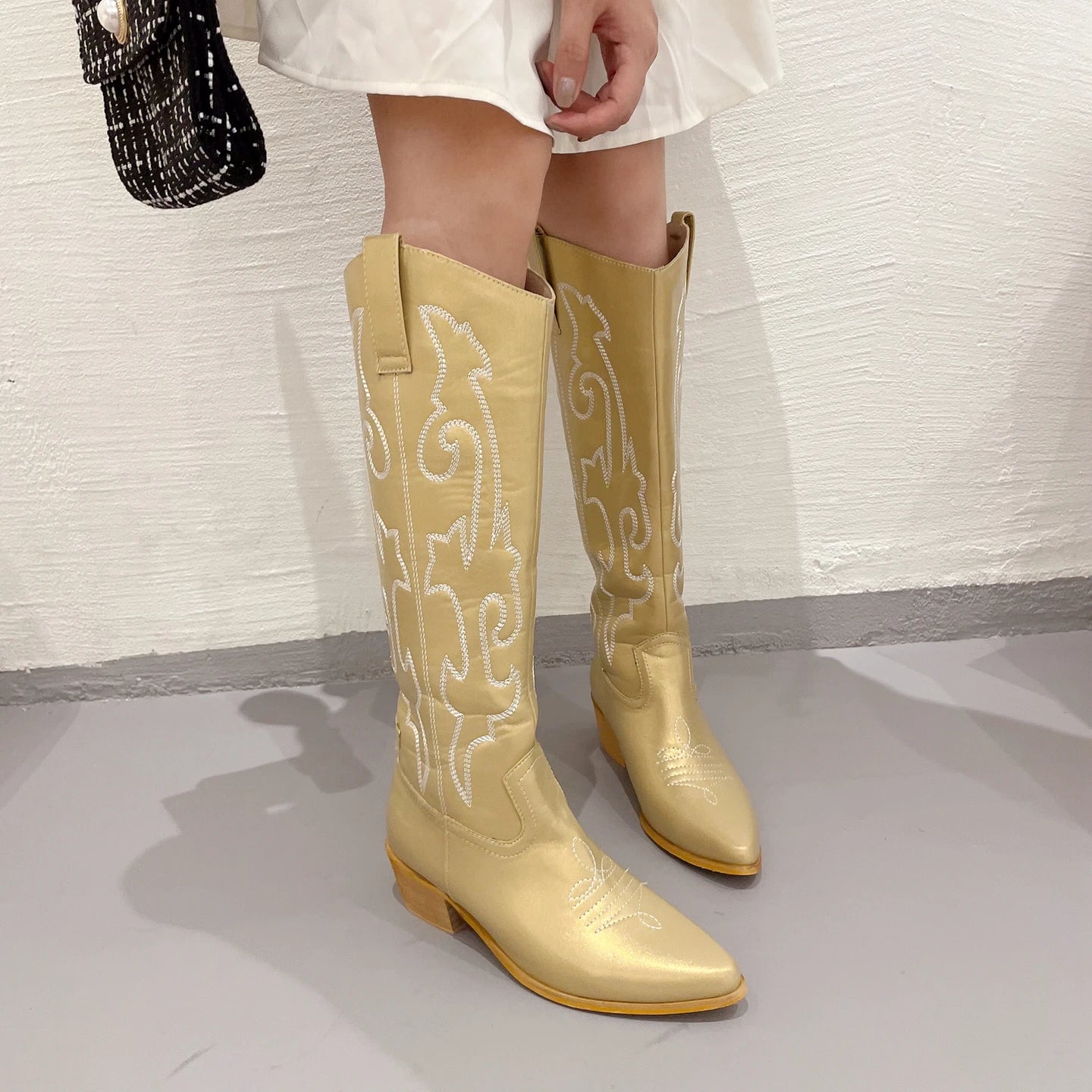 Sohiwoo Embroidery Long Boots Women Chunky High Heels Pointed Toe Cowgirl Women Boots White Fashion Western Boots Women Knee High Boots Sohiwoo Embroidery Long Boots Women Chunky High Heels Pointed Toe Cowgirl Women Boots White Fashion Western Boots Women Knee High Boots