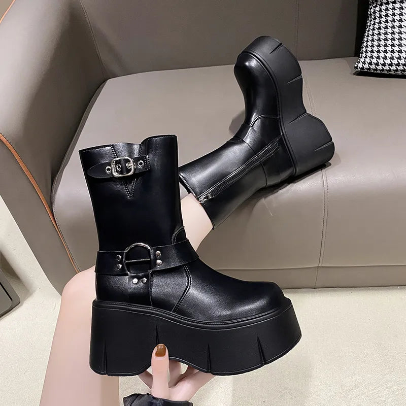 Sohiwoo Fashion Buckle Punk Boots for Women Autumn Chunky Platform Ankle Boots Woman Pu Leather Wedge High Heels Motorcycle Boots Sohiwoo Fashion Buckle Punk Boots for Women Autumn Chunky Platform Ankle Boots Woman Pu Leather Wedge High Heels Motorcycle Boots
