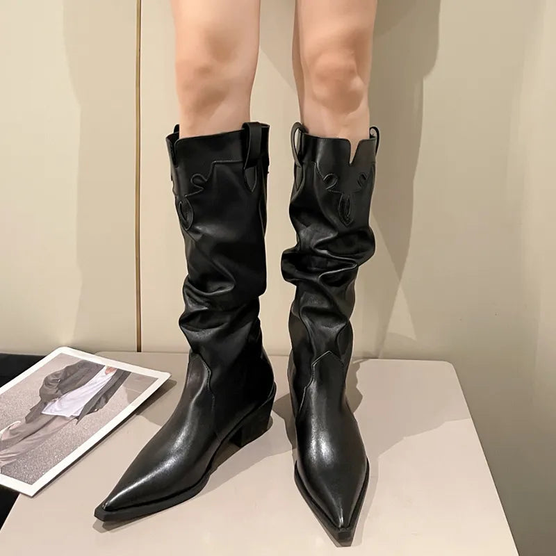 Sohiwoo Fashion Pleated Thick Heels Boots Women Autumn Pointed Toe Pu Leather Mid Calf Boots Woman Gothic Slip on Designer Shoes Sohiwoo Fashion Pleated Thick Heels Boots Women Autumn Pointed Toe Pu Leather Mid Calf Boots Woman Gothic Slip on Designer Shoes