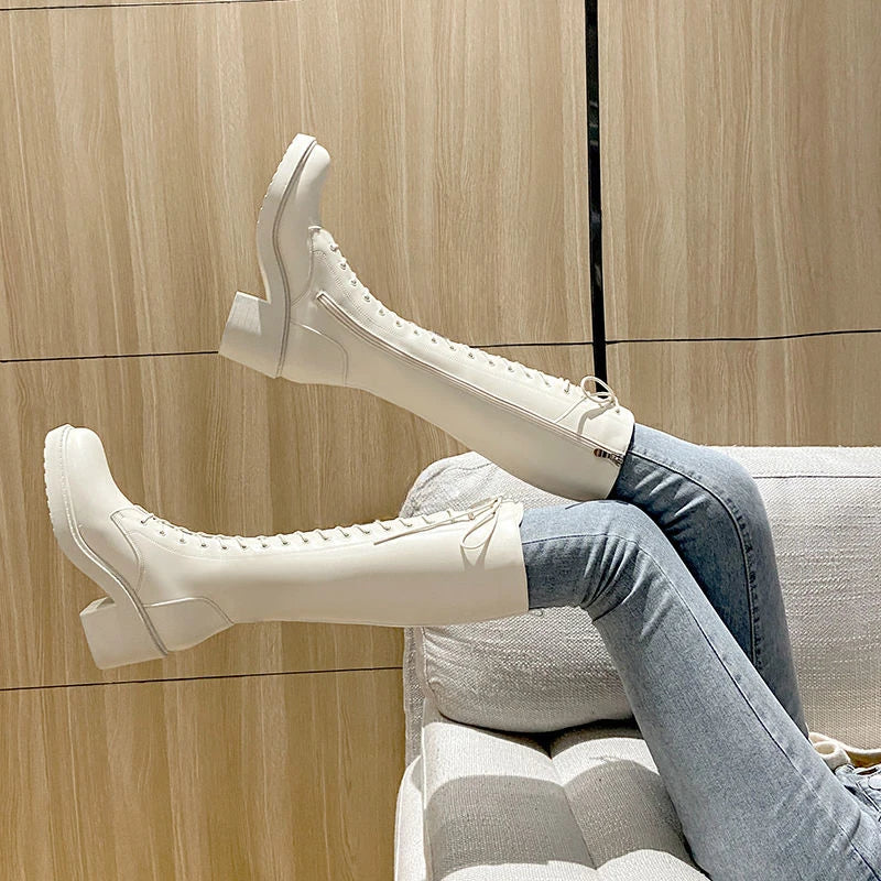 Sohiwoo Footwear Long Ladies Boots Elegant Heeled High Heels Shoes for Women Lace-up Winter Knee Shaft with Laces White Spring Autumn Pu Sohiwoo Footwear Long Ladies Boots Elegant Heeled High Heels Shoes for Women Lace-up Winter Knee Shaft with Laces White Spring Autumn Pu