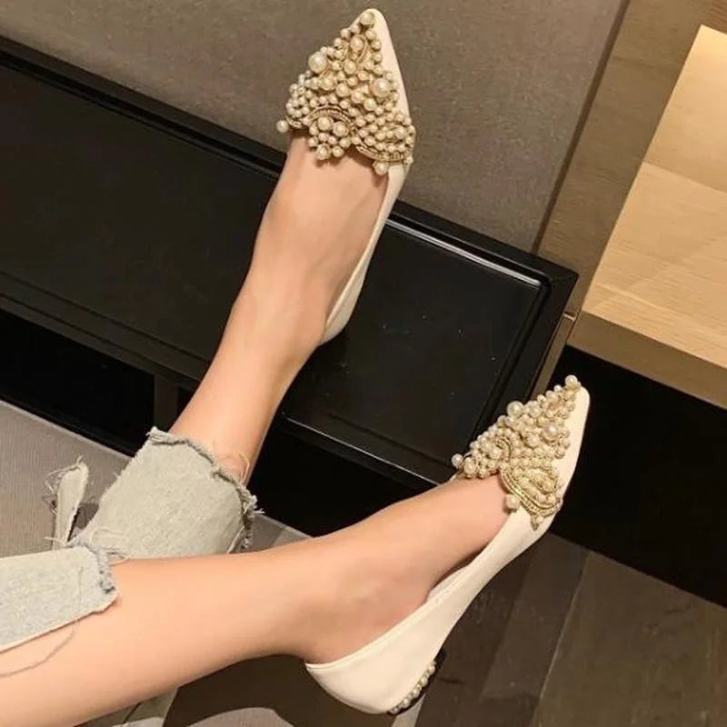 Sohiwoo New Crown Pearl Soft Flats Wedding Shoes Pointed Toe Women Dress Moccasins Low Pearl Heel Luxury Square Heel Princess Shoes