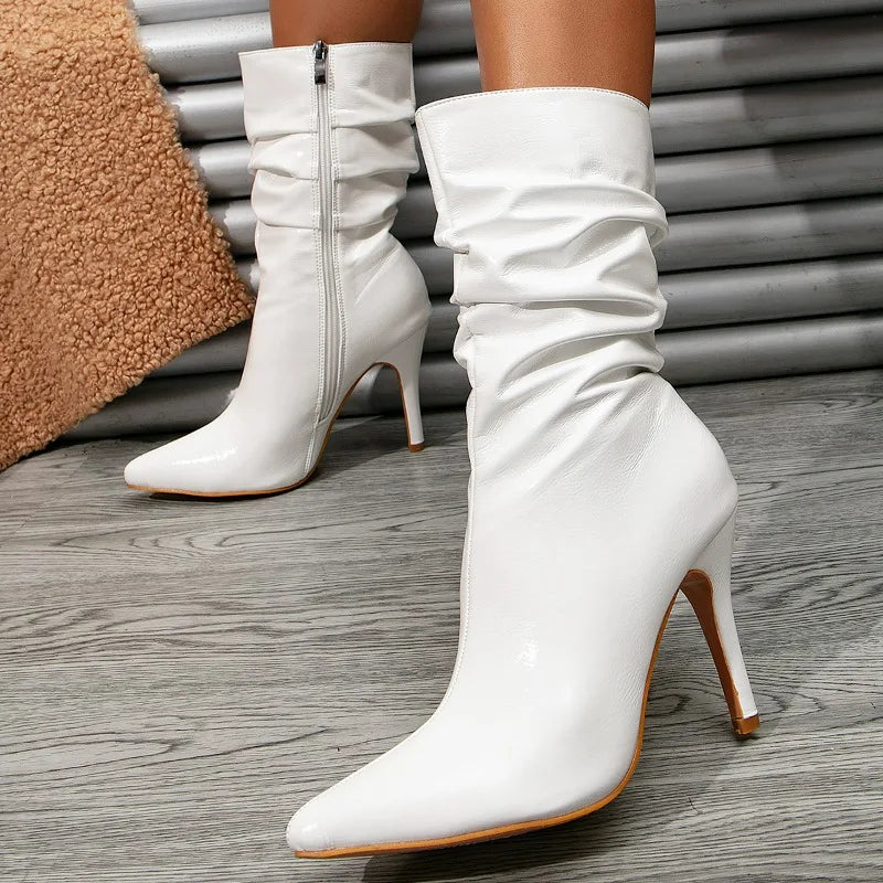 Sohiwoo New Fashion Sexy Pointed Thin Heels Mid Calf Boots Women's Pleated Side Zipper Chelsea Boot Party Wedding 36-42 Sohiwoo New Fashion Sexy Pointed Thin Heels Mid Calf Boots Women's Pleated Side Zipper Chelsea Boot Party Wedding 36-42